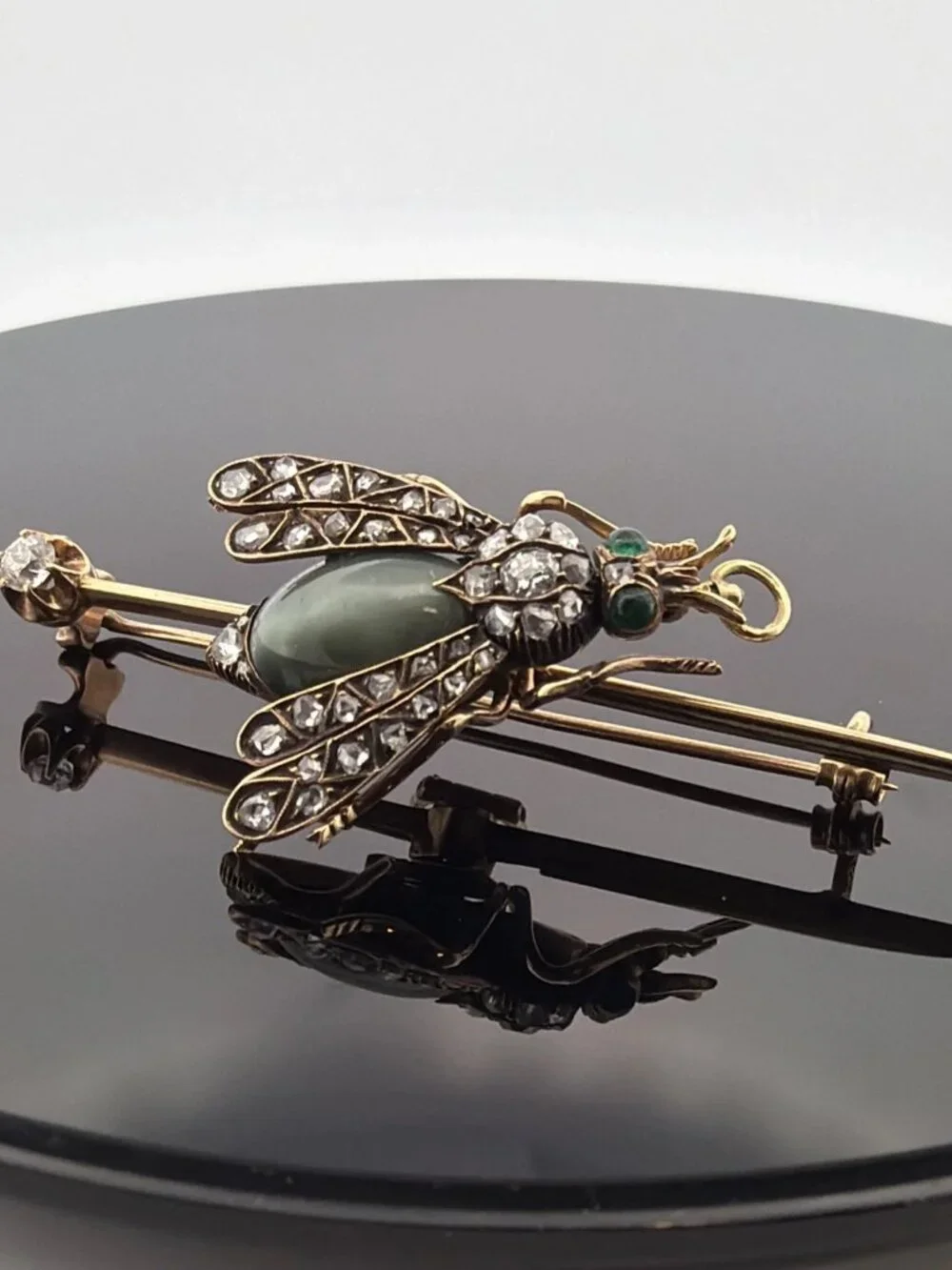 Antique Victorian Bee Brooch 14K Gold & Silver Diamond Emerald Cats Eye Quartz - Picture 7 of 13